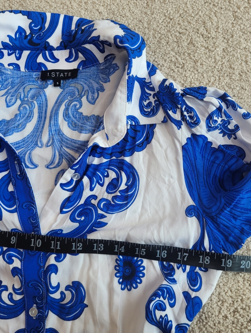 1.STATE Blue White Baroque Print Maxi Shirt Dress Belted Boho Resort Sz S - Picture 6 of 9